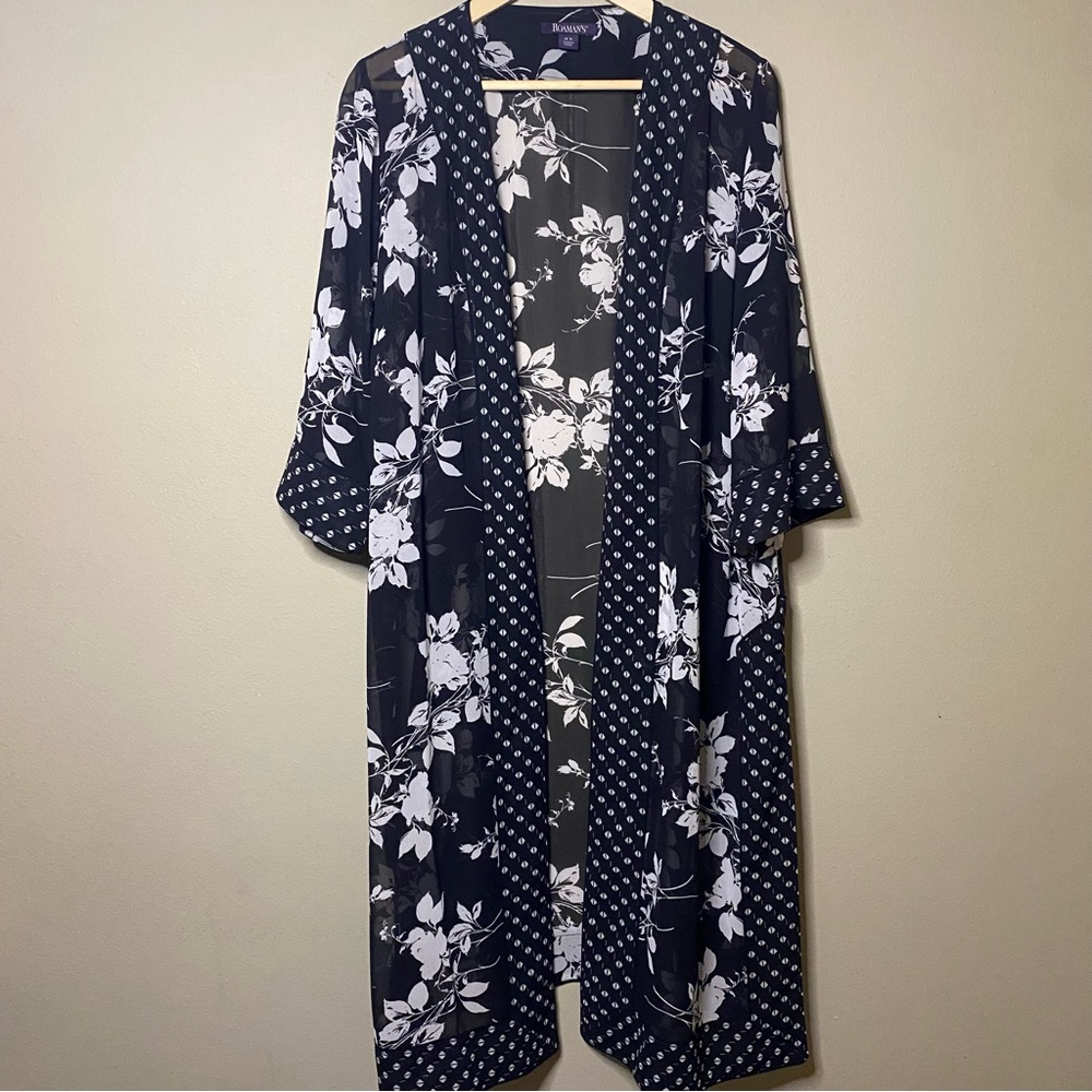 Roaman’s Open Front Sheer Duster Women 18W Black White Floral Side Slits Read